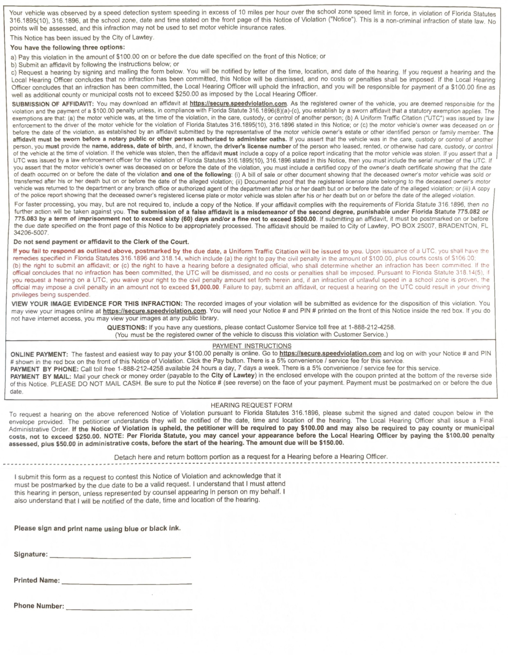 Full scan of the back of a City of Lawtey school zone camera Notice of Violation